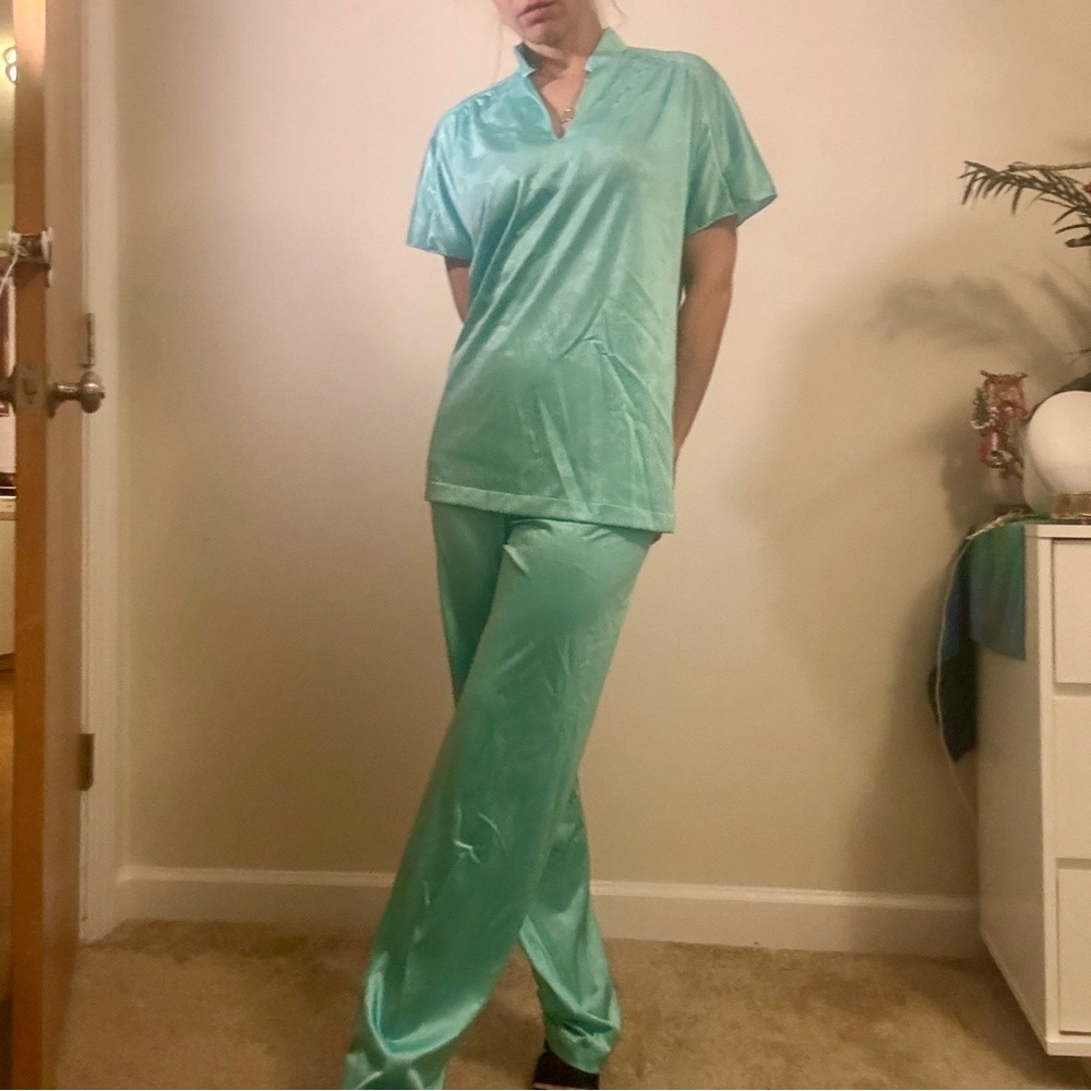 Vintage Satin Pajama Lounge Set - Aqua Blue – 2 Piece - XS